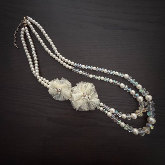 Statement Necklace White Faux Pearls and Clear AB Faceted Beads Tulle Flowers - Picture 2 of 9